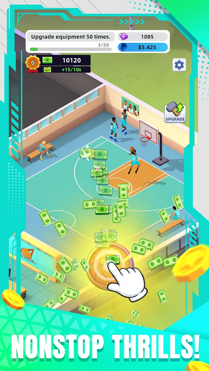 Dunk Arena main court: tapping basketballs to earn cash with upgrade progress visible