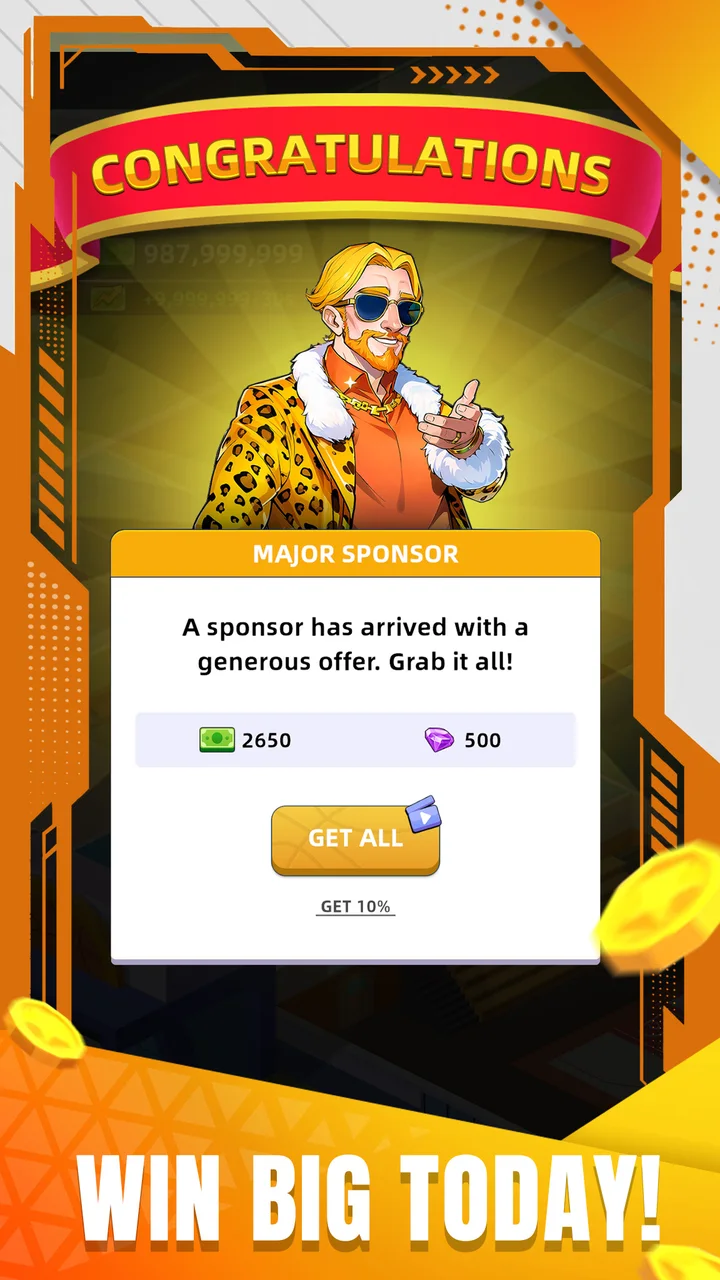 Major sponsor event screen showing generous cash and gem offer