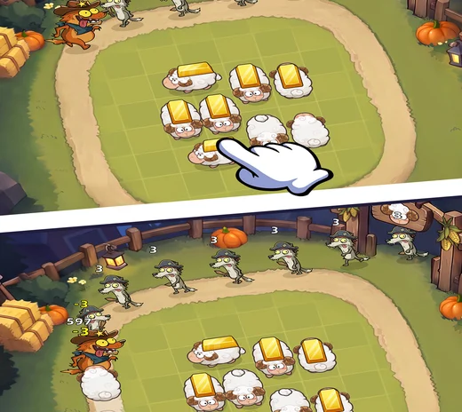 Sheep placed on a green pasture grid, with wolves circling the perimeter