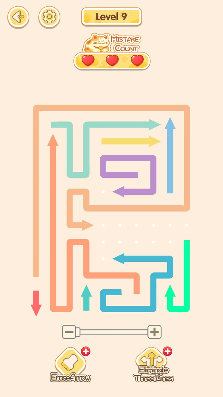 Line Garden arrow puzzle level with colorful paths, white locating dots, lives, and power-ups