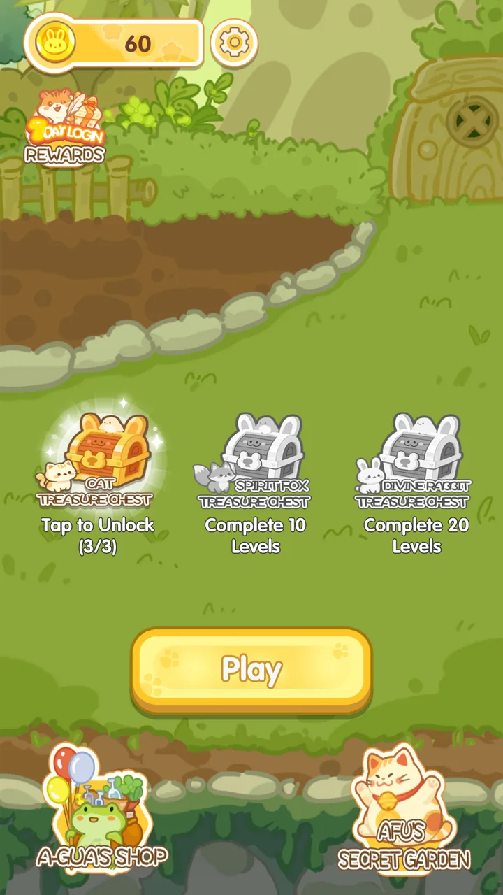 The Line Garden home with treasure chest, Spirit Fox, Divine Rabbit, shop, and secret garden